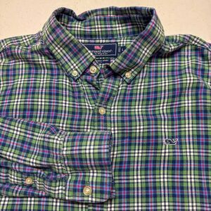 Vineyard Vines Shirt Mens Large Blue Plaid Slim‎ Fit Whale Button Down Flannel